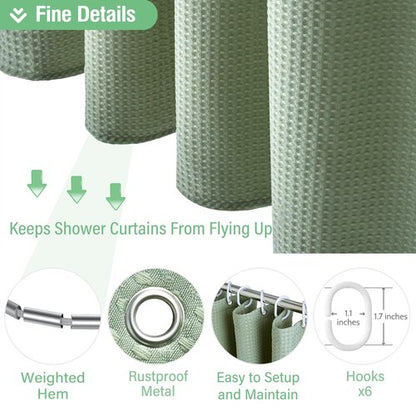 Dynamene Stall Fabric Shower Curtain - 36x72 Waffle Weave Weighted Cloth Shower Curtains for Bathroom, Neutral Heavy Duty Hotel Spa Luxury Bath Curtain Set with 6 Plastic Hooks,Sage Green