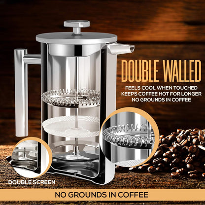 Utopia Kitchen 34 Oz Stainless Steel French Press Coffee Maker - Double Wall Insulated, 4-Level Filtration, Rust-Free, Dishwasher Safe