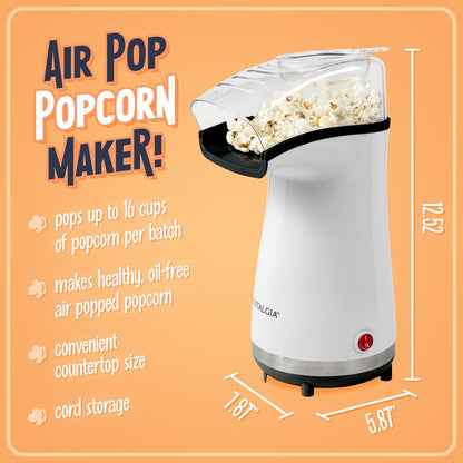 Nostalgia Air Popper Popcorn Maker - 16 Cups Oil-Free Popcorn | Includes 4-Oz Measuring Cup - White