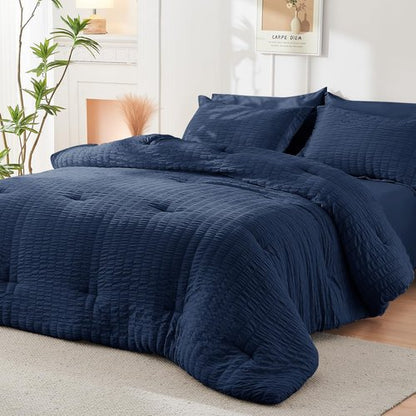 HYMOKEGE Navy Blue California King Comforter Set Seersucker 7 Pieces, All Season Luxury Bed in a Bag for Bedroom, Bedding Set with Comforters, Sheets, Pillowcases & Shams