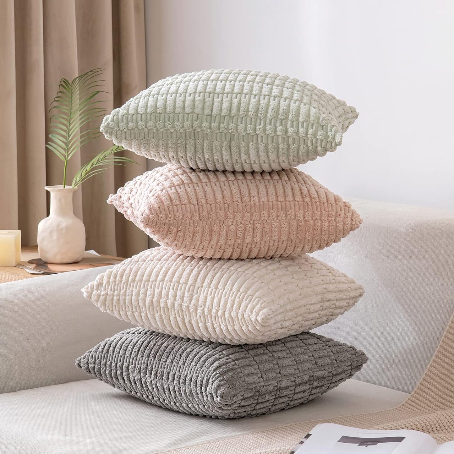 MIULEE Decorative Throw Pillow Covers - Soft Boho Striped Corduroy | Pack of 2, 20x20 Inch, Light Green