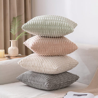 MIULEE Decorative Throw Pillow Covers - Soft Boho Striped Corduroy | Pack of 2, 20x20 Inch, Light Green