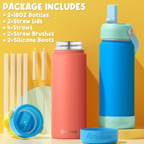 Fimibuke Kids Insulated Water Bottle - 18oz BPA-Free Stainless Steel Tumbler with Straw | Leak-Proof, 2 Pack (Hawaii)
