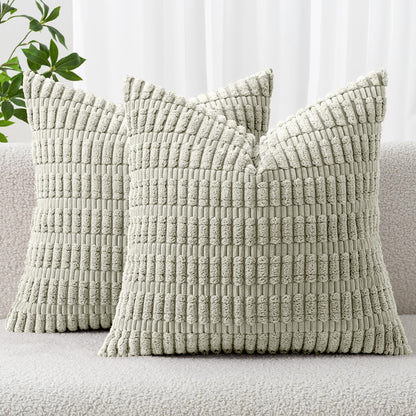 MIULEE Decorative Throw Pillow Covers - Soft Boho Striped Corduroy | Pack of 2, 18x18 Inch, Light Green