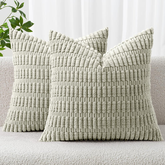 MIULEE Decorative Throw Pillow Covers - Soft Boho Striped Corduroy | Pack of 2, 18x18 Inch, Light Green