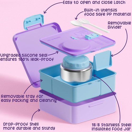 Fimibuke Kids Bento Lunch Box - Leakproof 3-Compartment Container with Insulated Food Jar & Water Bottle