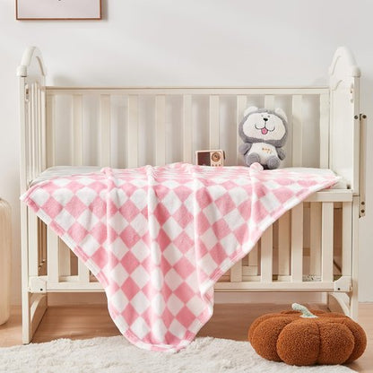 Yurhap Checkered Baby Blanket for Girls Pink Fleece Baby Blankets for Girls Boys, Warmer Comfort Lightweight Bed Blanket for Toddlers Infants or Newborn, 30''x40'', Pink