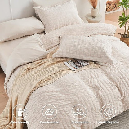 HYMOKEGE King Comforter Set - Beige Oversized 7-Piece Luxury Bedding Set with Sheets & Pillowcases