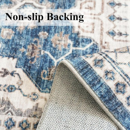 Hallway Washable Runner Rug - Vintage Soft Non-Slip Entryway Carpet | 2'6'' x 14', Blue