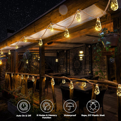 Skiennix Solar Outdoor String Lights - 20Ft Vintage Rope Design | Waterproof Warm White with 8 Modes & 16 Shatterproof Bulbs