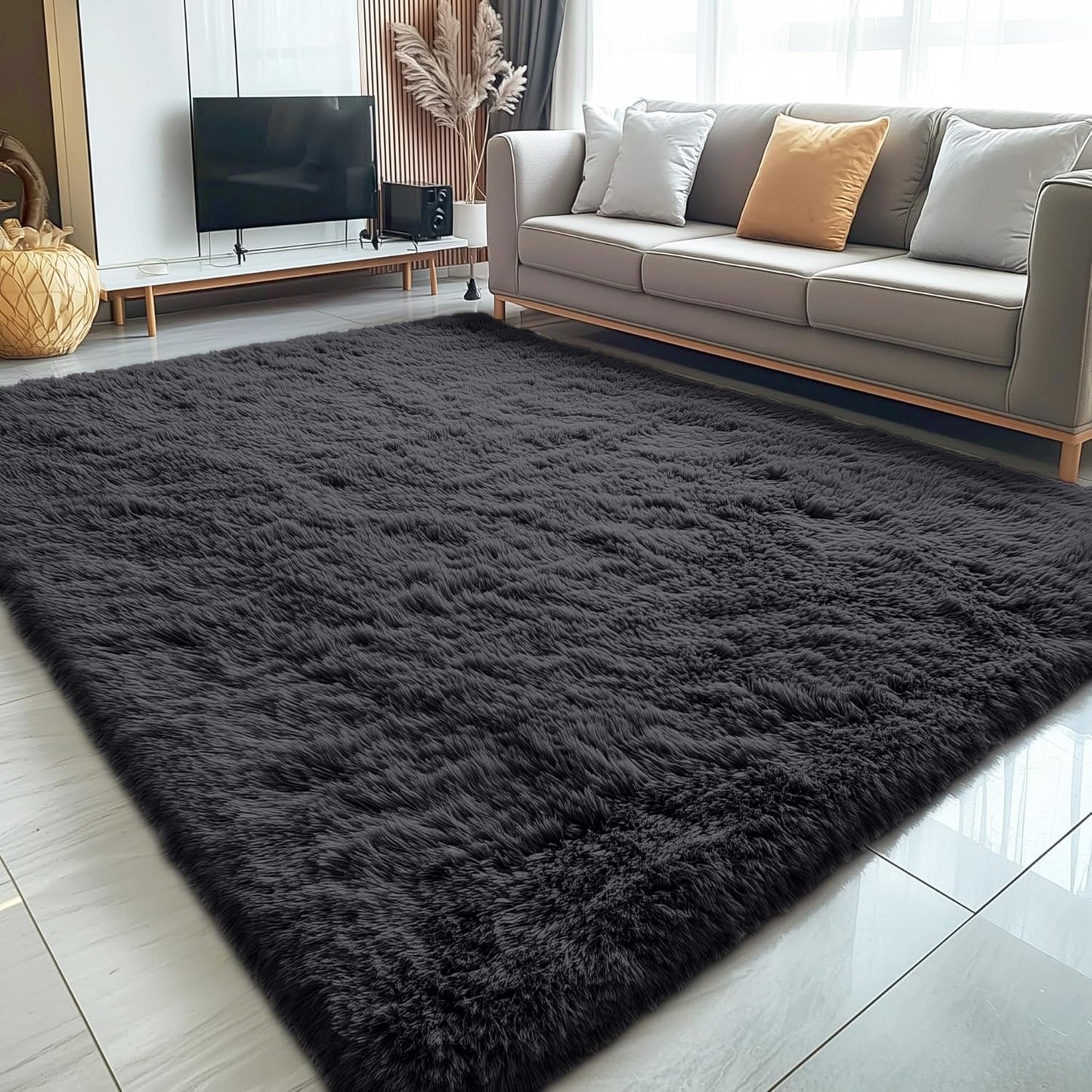 OLANLY Large Area Rug - Soft Fluffy Shaggy Carpet for Living Room & Bedroom | Machine Washable, Black