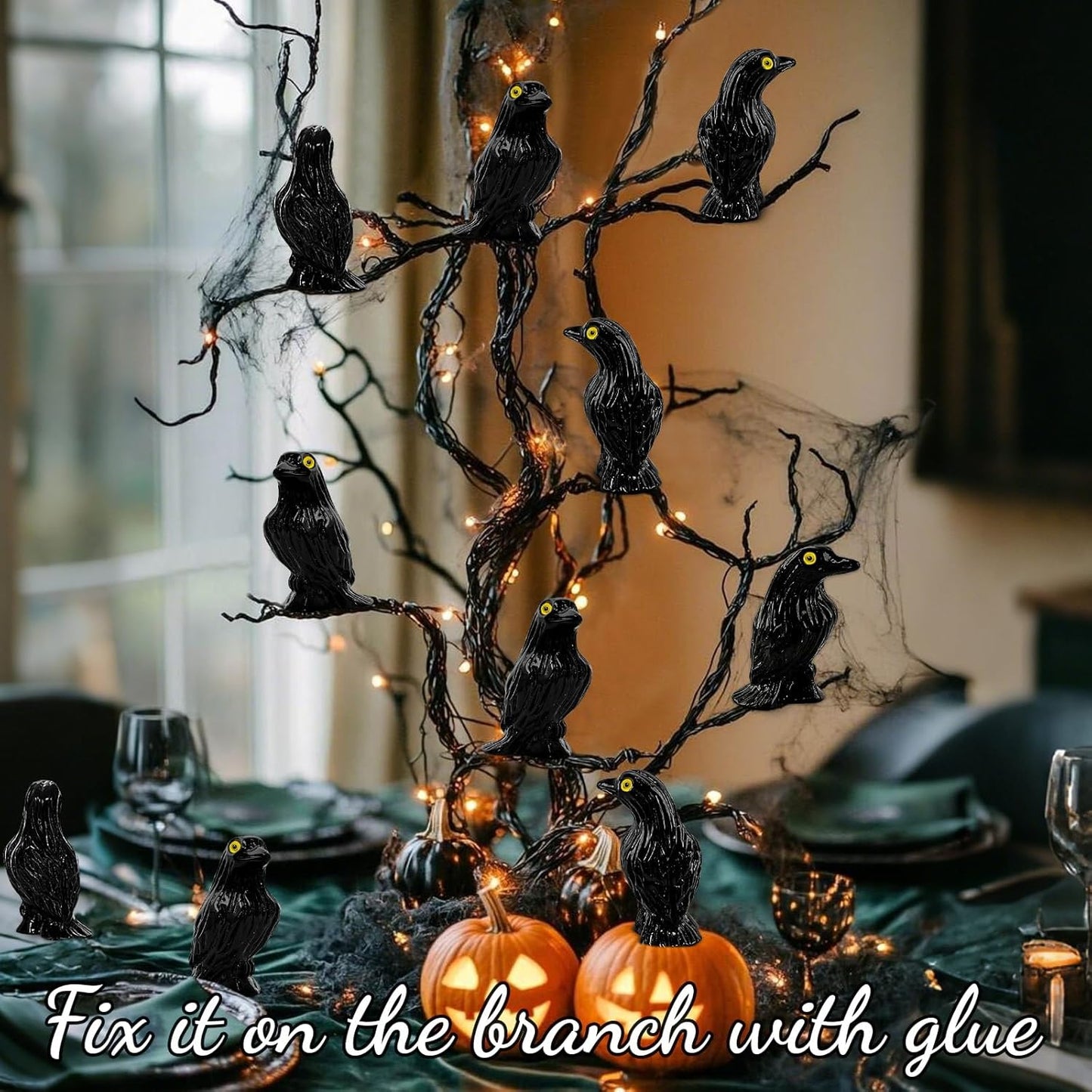 Skiennix Miniature Crows Figurines - 36pcs Tiny Black Raven Cake Toppers for Halloween Decor