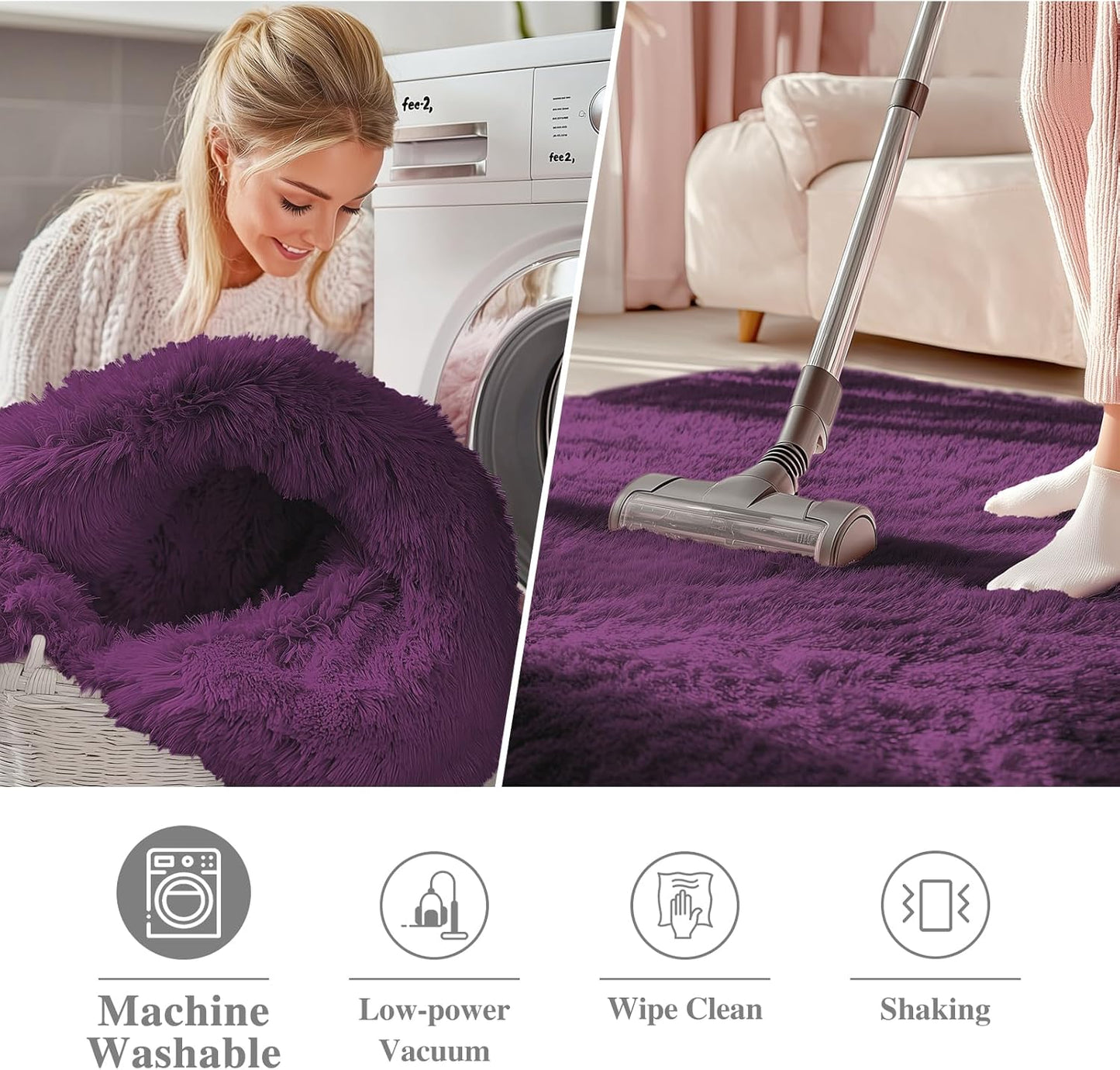 OLANLY Round Dark Purple Area Rug - Soft, Fluffy, Machine Washable 7 ft Circle Carpet for Bedroom & Living Room