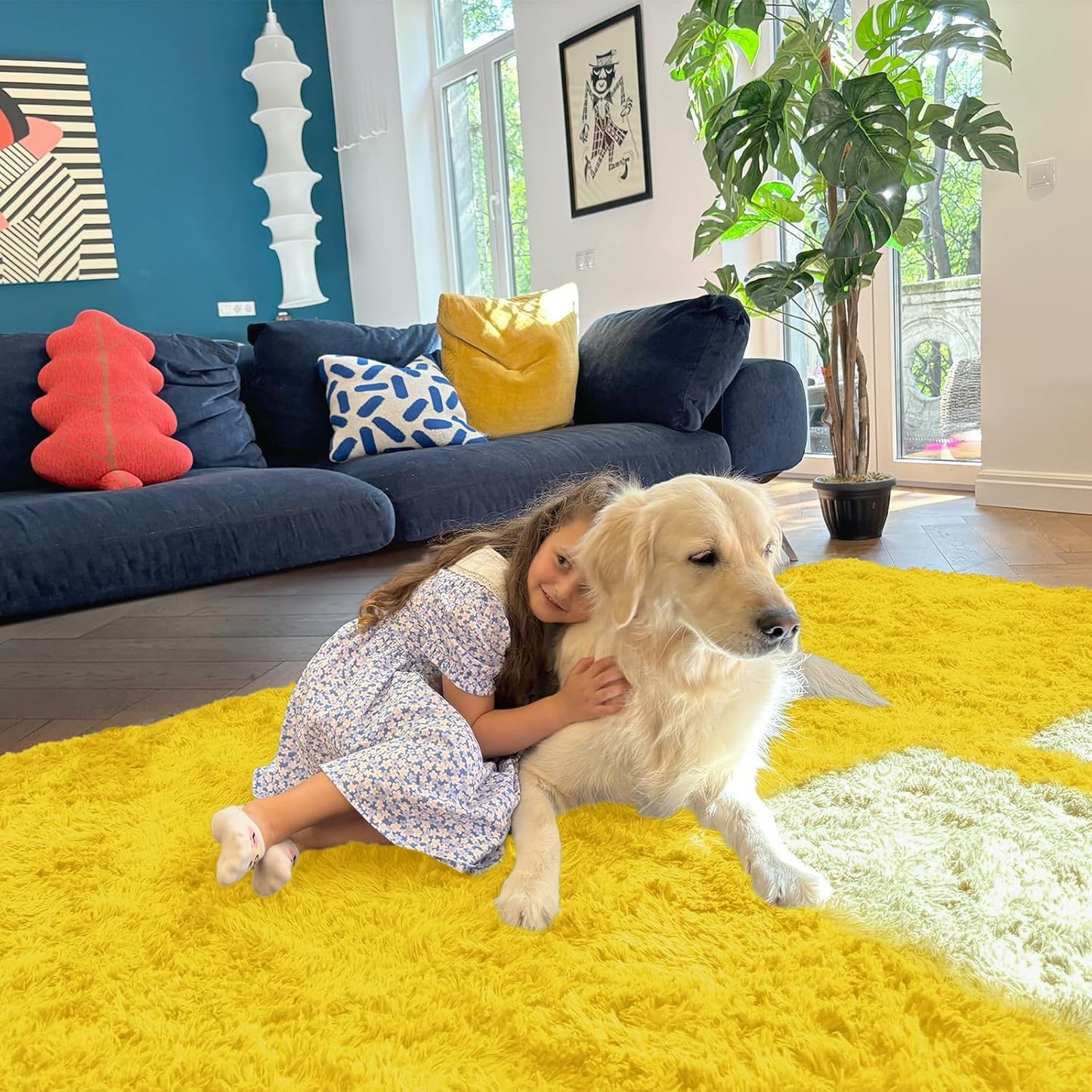 OLANLY Large Area Rug - Soft Fluffy Shaggy Carpet for Living Room & Bedroom | Machine Washable, Yellow