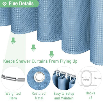 Dynamene Stall Fabric Shower Curtain - 36x72 Waffle Weave Weighted Cloth Shower Curtains for Bathroom, Neutral Heavy Duty Hotel Spa Luxury Bath Curtain Set with 6 Plastic Hooks, Moonlight Blue