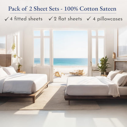 California Design Den Split King Sheet Sets - Soft 100% Cotton Sateen - Extra Soft & Cooling - Bright White (2-Pack)