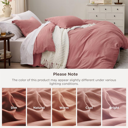 Bedsure Pink Clay Duvet Cover Set | Extra Soft Prewashed Cotton-Like Bedding - Queen Size 3 Pieces (90x90 Inches)