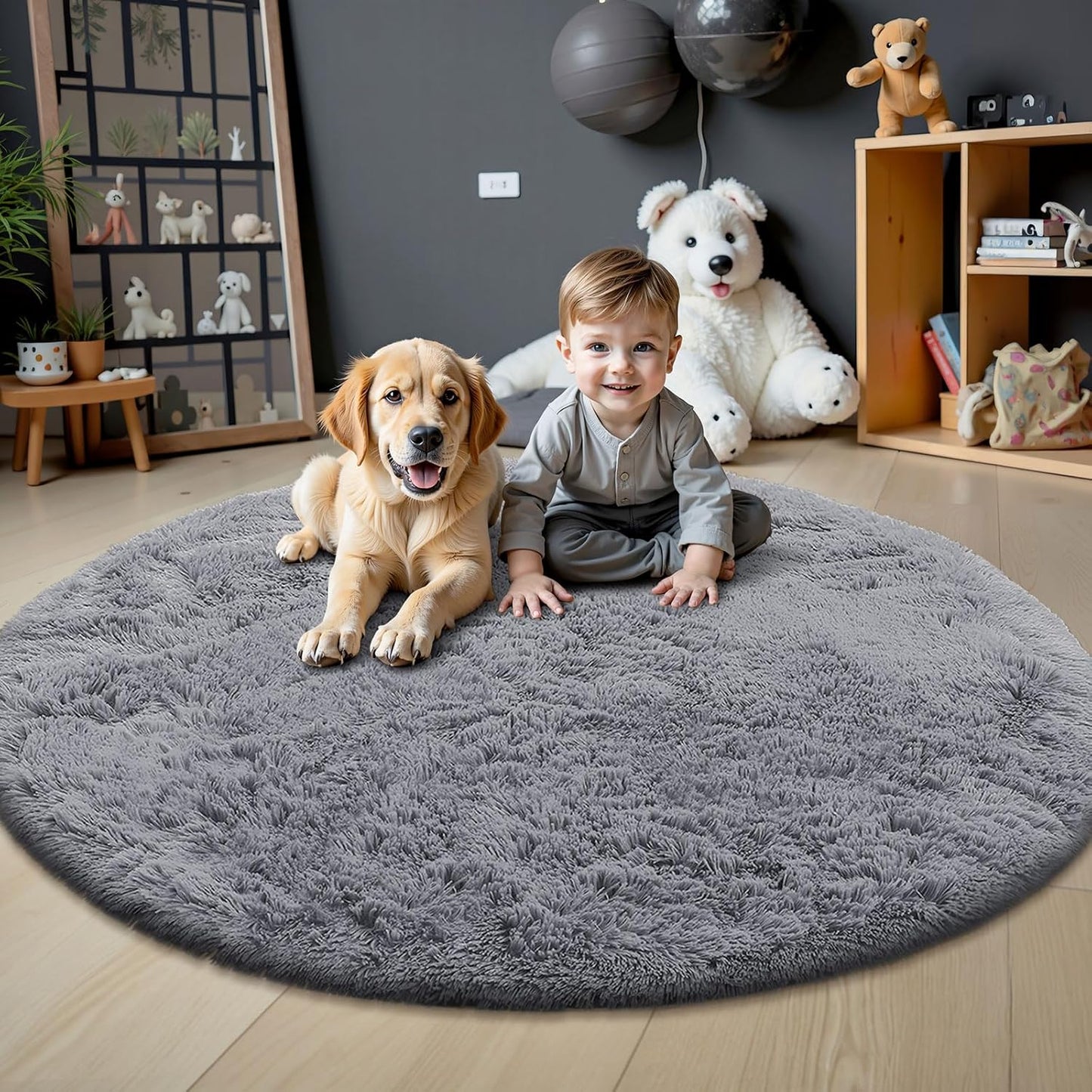 OLANLY Round Light Grey Area Rug - Soft, Fluffy, Machine Washable 8 ft Circle Carpet for Bedrooms & Living Rooms