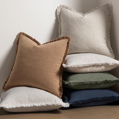 MIULEE Decorative Throw Pillow Covers - Set of 2 Neutral Beige Linen Fringe Cushions | 20x20 Inch Boho Farmhouse Decor