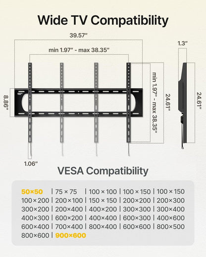 monTEK Heavy Duty Fixed TV Wall Mount Bracket for 60–120" Flat & Curved TVs up to 300lbs, 4× Load Tested, Ultra Slim 1.3" Low Profile, Max VESA 900x600, Quick-Release Lock, Fits 16"/18"/24" Wood Studs