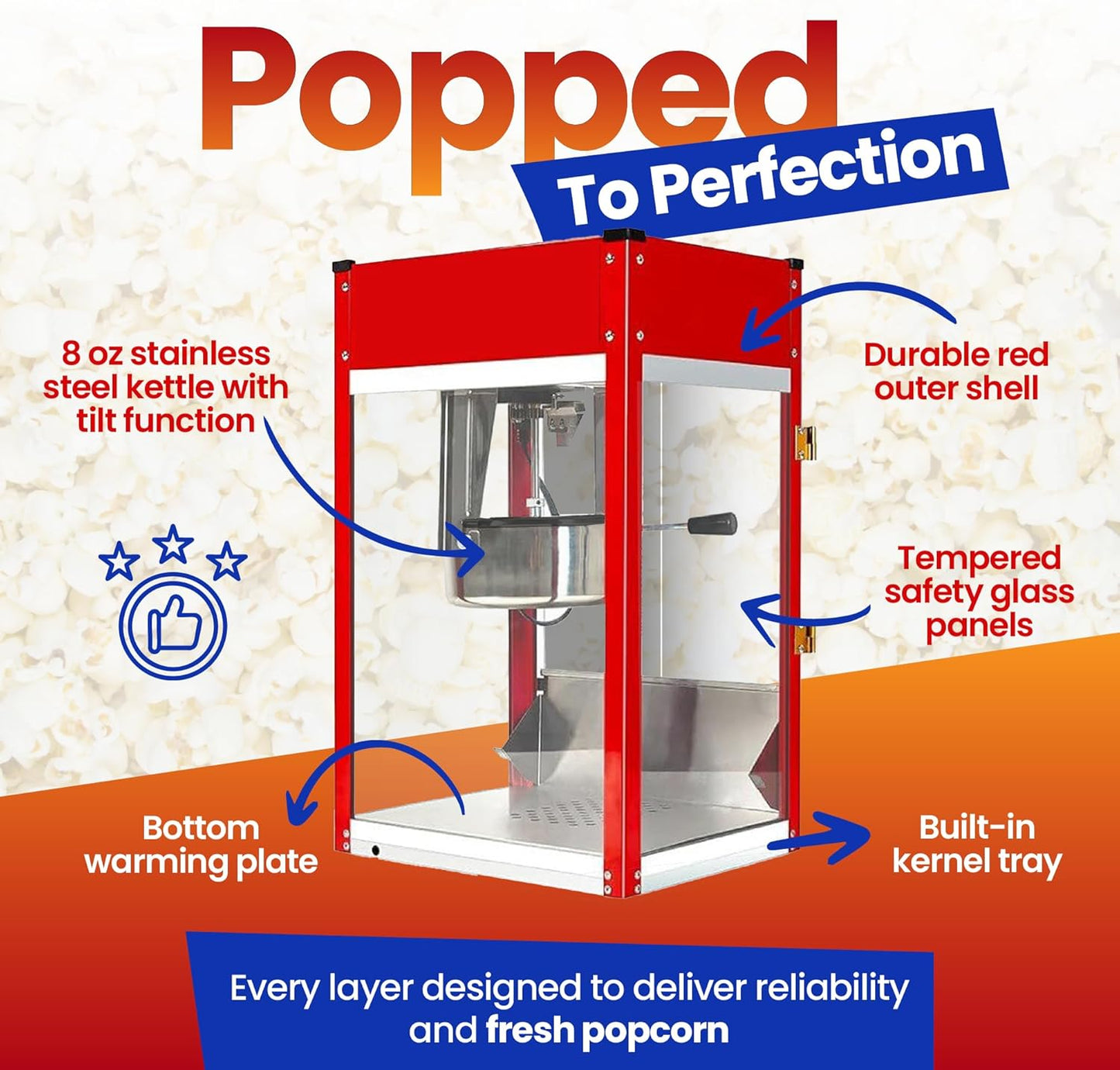 Popcorn Machine - Electric Popcorn Popper With Stainless Steel Kettle & Accessories | Theater Style | 1500W | Red, 8 oz (64 Cup Capacity)