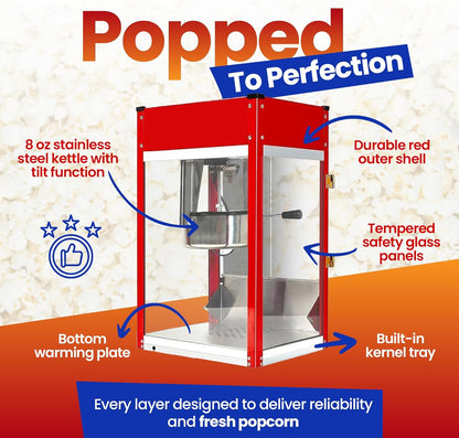 Popcorn Machine - Electric Popcorn Popper With Stainless Steel Kettle & Accessories | Theater Style | 1500W | Red, 8 oz (64 Cup Capacity)
