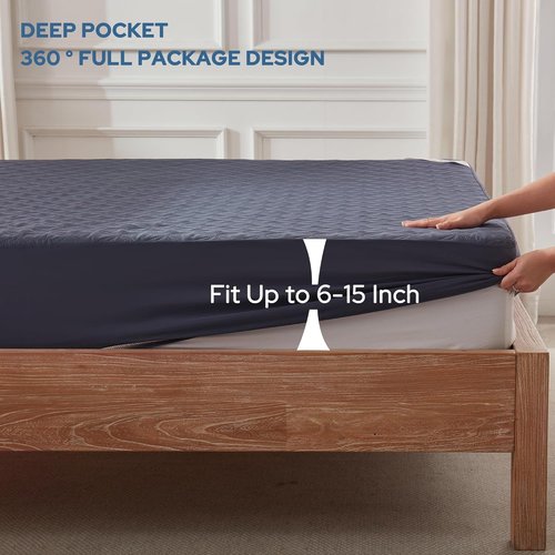 BEDLORE Waterproof Mattress Protector - Noiseless Full Size Pad with Deep Pocket 6"-15" Depth | Soft, Washable Cover in Navy Blue