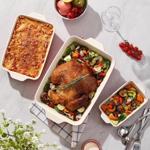 DOWAN Casserole Dishes - Set of 3 Rectangular Ceramic Baking Dishes, 135 Oz Capacity, Red (15.6''/12.2''/8.9'')