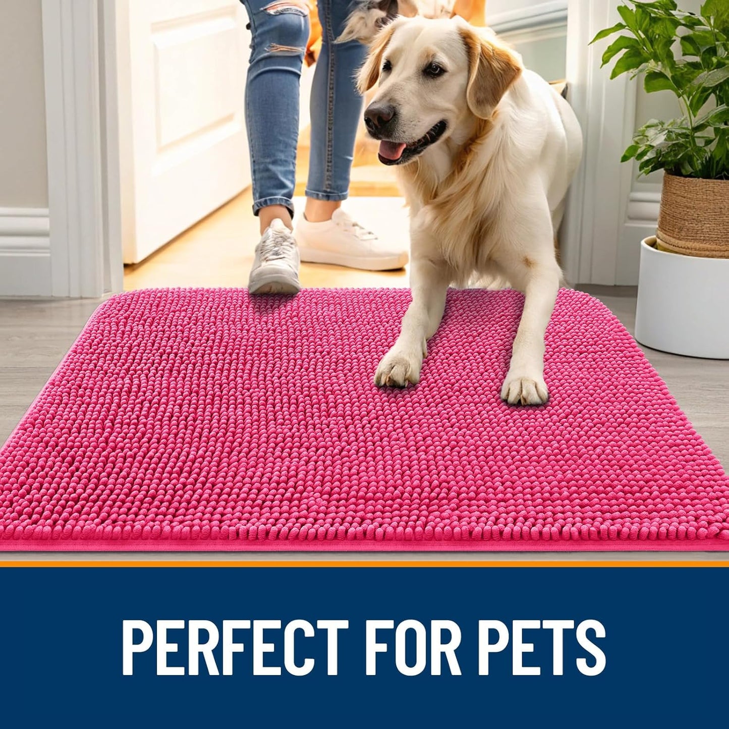 OLANLY Dog Door Mat - Absorbent Non-Slip Chenille Mat for Muddy Paws | 30x20, Quick Dry, Hot Pink