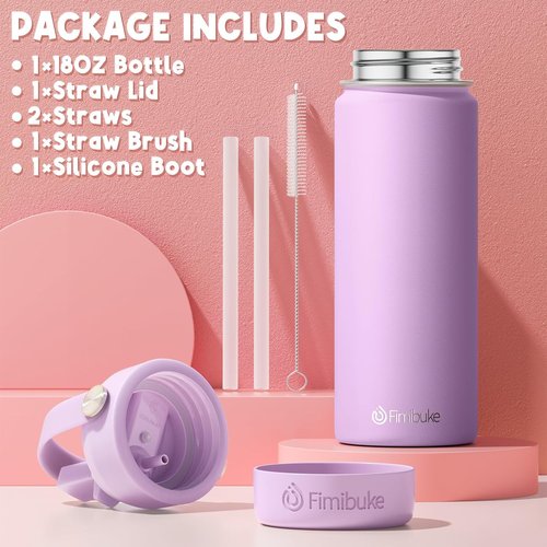 Fimibuke Kids Insulated Water Bottle - 18oz BPA-Free Stainless Steel Tumbler with Straw | Magenta