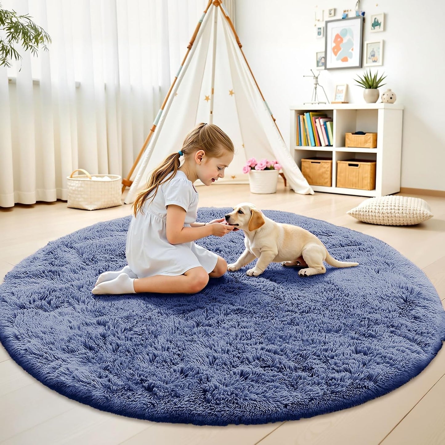 OLANLY Denim Blue Round Rug - Soft, Machine Washable 6 ft Circle Area Rug for Bedroom & Living Room Decor