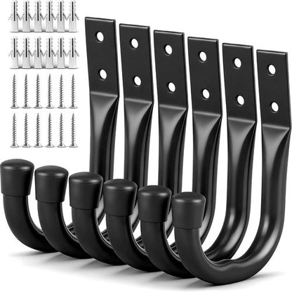 Heavy Duty Garage Storage Hooks - 6-Piece Bike Wall Mount J Hook Set for Organizing Tools & Cords