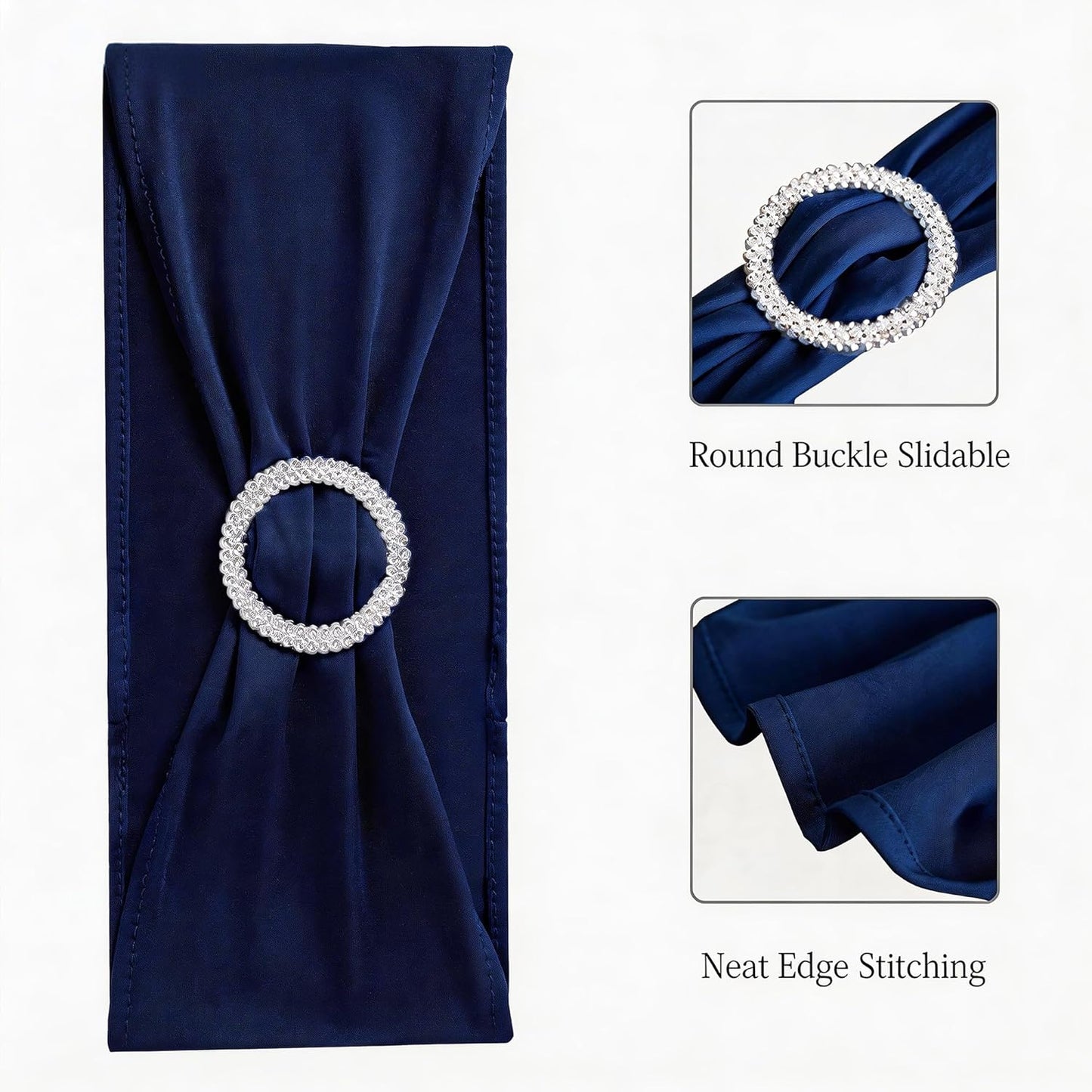 Skiennix Navy Blue Chair Sashes - 100 Pack Spandex Chair Bands with Buckles for Events & Parties