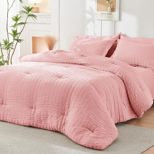 HYMOKEGE Rose Pink Full Size Comforter Sets Seersucker 7 Pieces, All Season Luxury Bed in a Bag for Bedroom, Bedding Set with Comforter, Sheets, Pillowcases & Shams