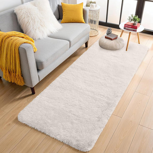 OLANLY Machine Washable 3x9 Runner Rug - Soft Fluffy Shaggy Carpet for Bedroom & Hallway | Ivory