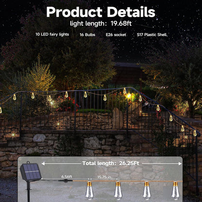 Skiennix Solar Outdoor String Lights - 20Ft Vintage Rope Design | Waterproof Warm White with 8 Modes & 16 Shatterproof Bulbs for Garden & Patio