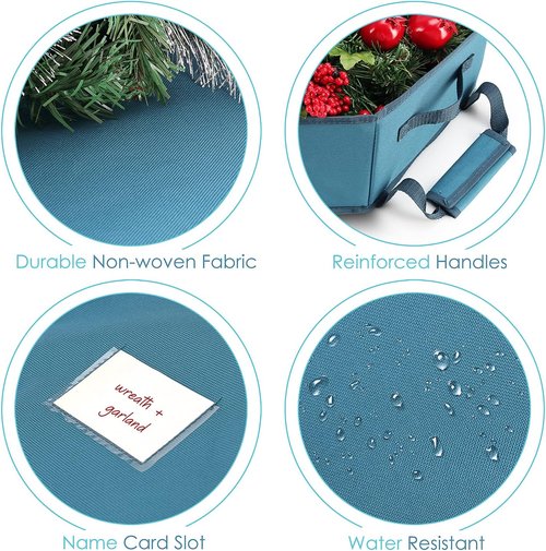 Hearth & Harbor Christmas Wreath Storage Organizer Box - Premium Hard Shell with Dual Zipper & Pockets | 24" Blue