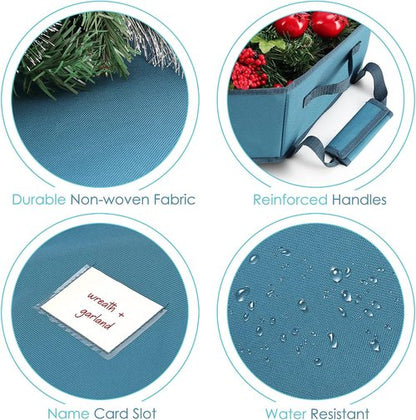 Hearth & Harbor Christmas Wreath Storage Organizer Box - Premium Hard Shell with Dual Zipper & Pockets | 24" Blue