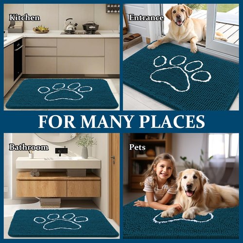 OLANLY Dog Door Mat for Muddy Paws 70x46, Paw Print Design, Absorbs Moisture and Dirt, Absorbent Non-Slip Washable Doormat, Quick Dry Chenille Mud Mat, Entry Indoor Entryway Carpet, Atlantic Blue