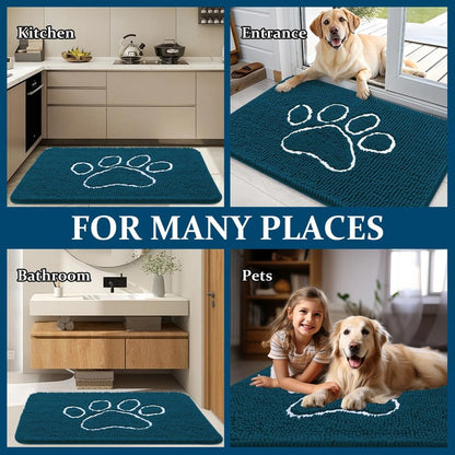 OLANLY Dog Door Mat for Muddy Paws 47x32, Paw Print Design, Absorbs Moisture and Dirt, Absorbent Non-Slip Washable Doormat, Quick Dry Chenille Mud Mat, Entry Indoor Entryway Carpet, Atlantic Blue
