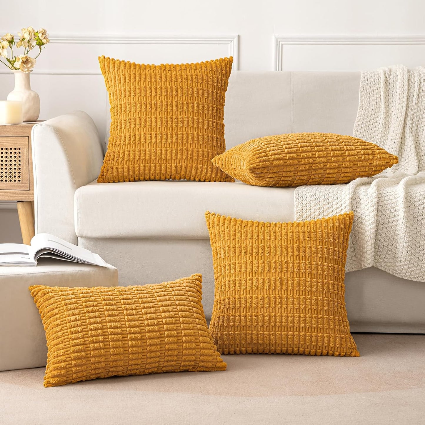 MIULEE Corduroy Throw Pillow Covers - Soft Boho Striped Design | 16x16 Inch, Gold Yellow, Set of 2