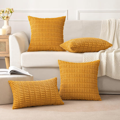 MIULEE Corduroy Throw Pillow Covers - Soft Boho Striped Design | 16x16 Inch, Gold Yellow, Set of 2