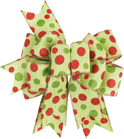SIMISI Ribbon Christmas Bow - Rustic Green & Red Dots Burlap Decor for Wreaths & Trees | 9.5 x 13 Inch