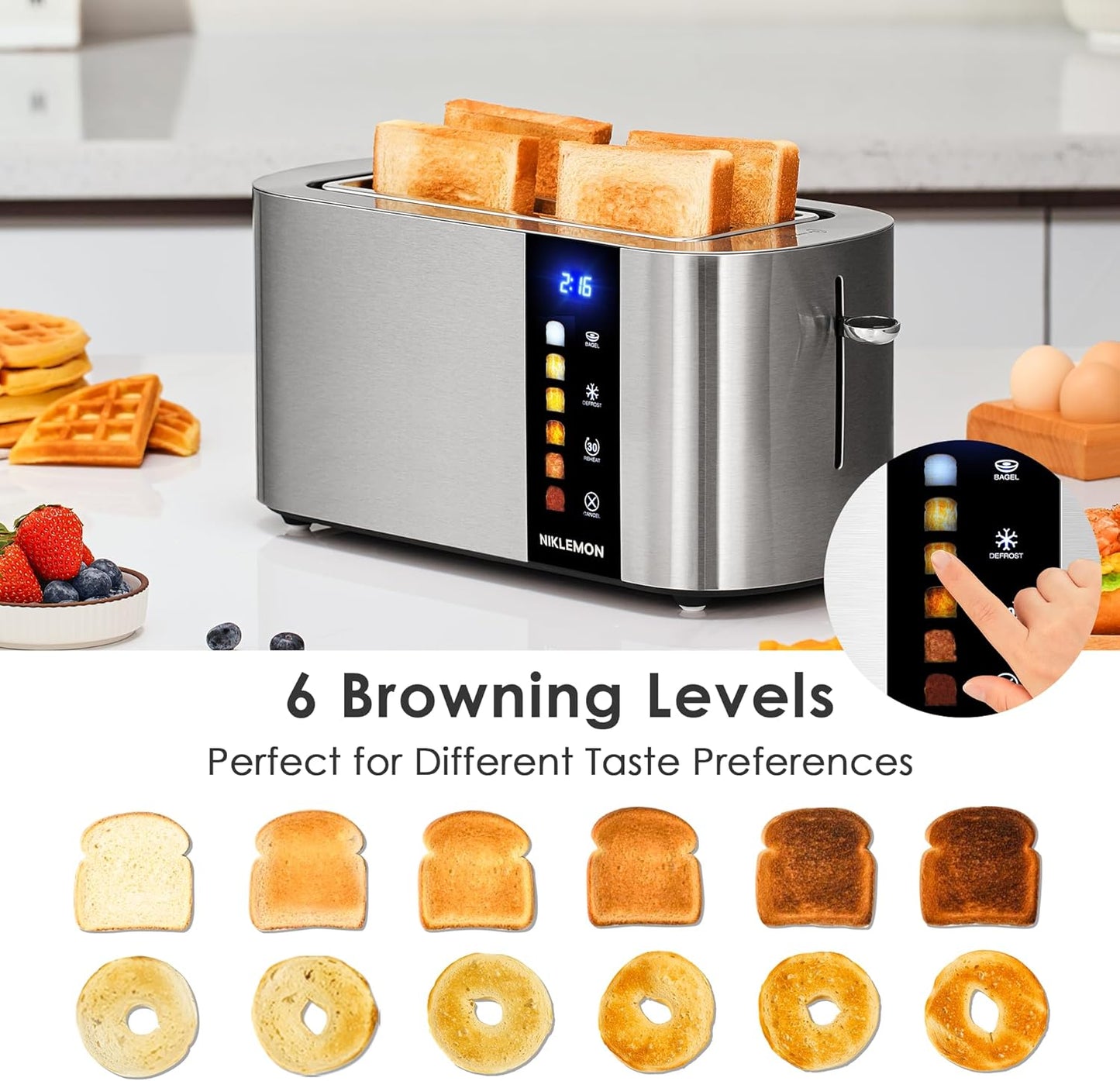 NIKLEMON 4-Slice Stainless Steel Toaster - LED Display, Touch Buttons, Extra Wide Slots, 1300W