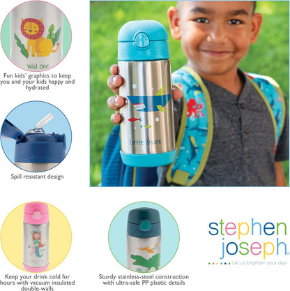 Stephen Joseph Insulated Water Bottle - Double Wall Stainless Steel, BPA-Free with Straw - 11.8 Ounces, Dino