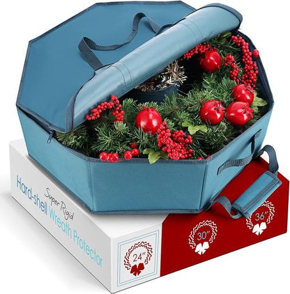 Hearth & Harbor Wreath Storage Container - Hard Shell Organizer with Dual Zipper & Handles - 24" Size