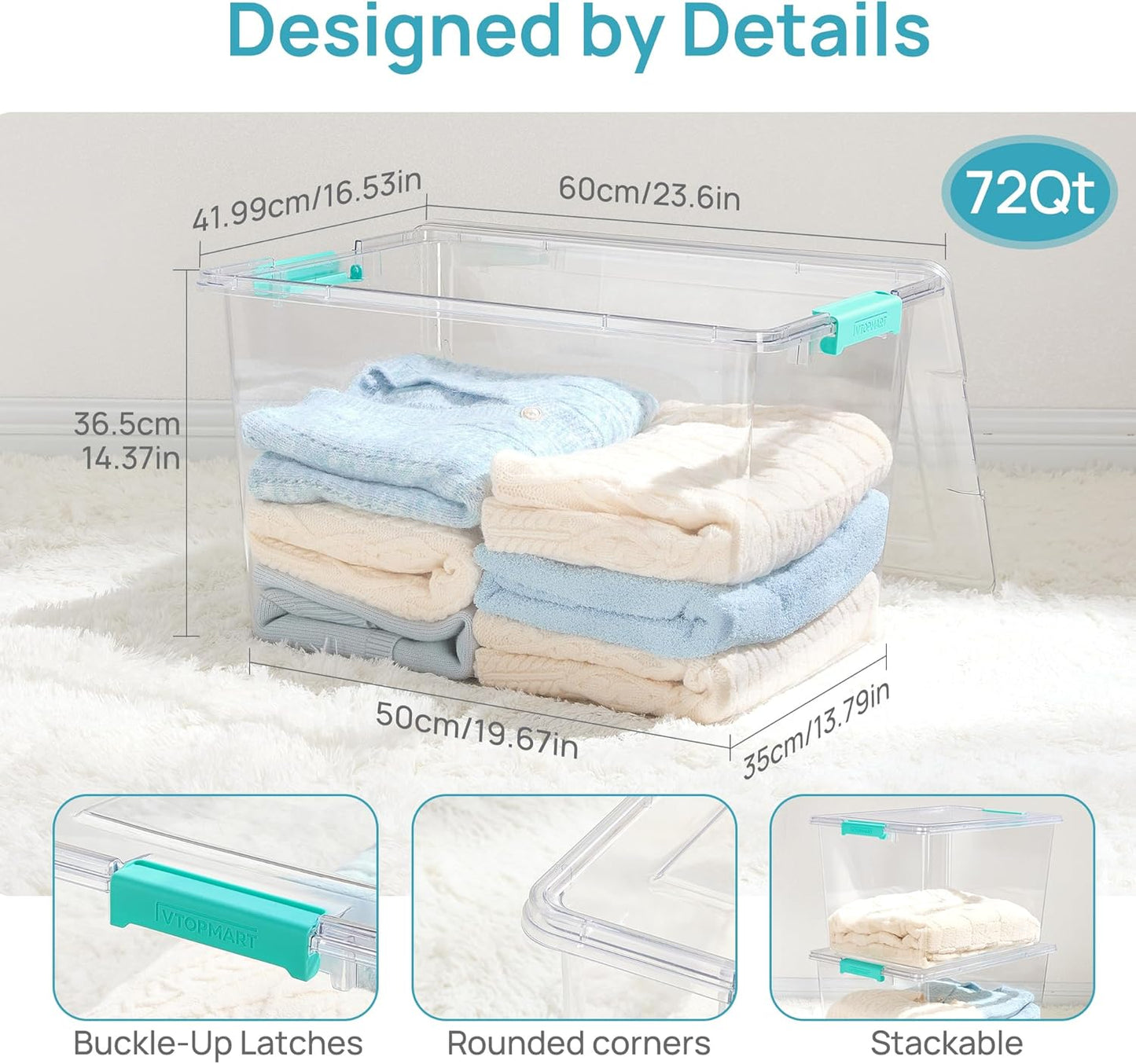 Vtopmart 72 QT Crystal Clear Storage Bins - 2 Pack Stackable Latching Containers for Closet Organization