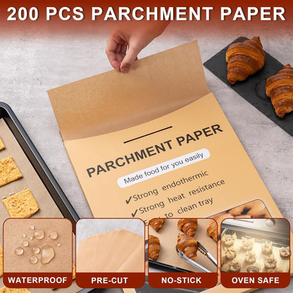 Skiennix Parchment Paper Sheets - Non-Stick Precut Baking Paper | 200 Pcs, 8 x 12 Inches, Unbleached