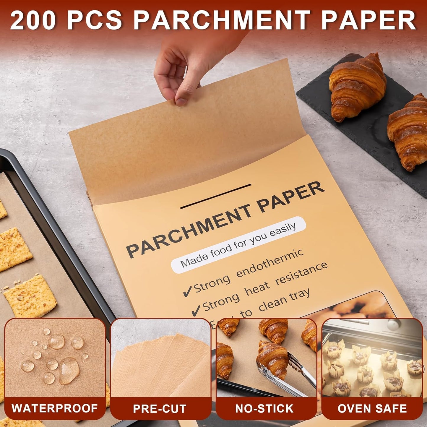 Skiennix Parchment Paper Sheets - 200 Pcs Non-Stick, Unbleached, 12x16 Inches for Baking & Cooking