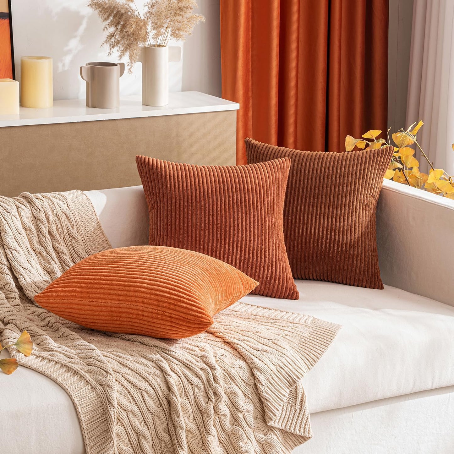 MIULEE Decorative Corduroy Throw Pillow Covers - Soft Solid Cushion Cases for Sofa | 18 x 18 Inch Dark Rust